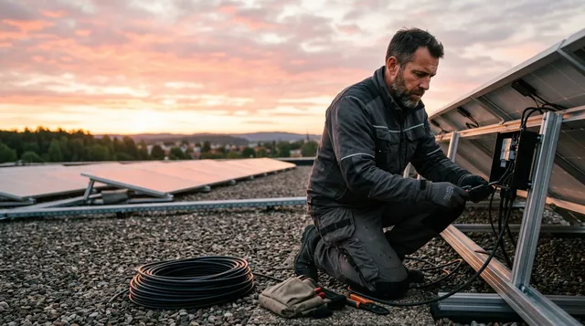 En påhittad elektriker på ett tak med solpaneler i soluppgången.