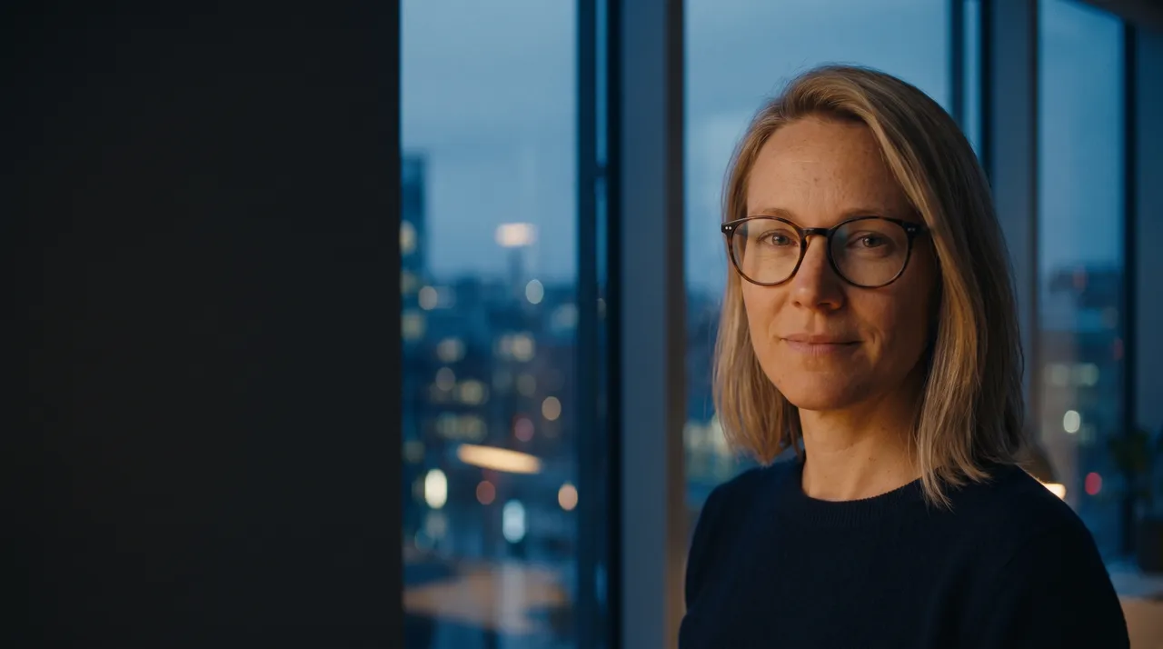 Kim Testsson, en påhittad person, vid ett fönster i skymningen.
