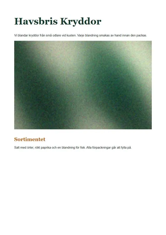 Sida 1: Havsbris Kryddor, med ett foto och rubriken Sortimentet