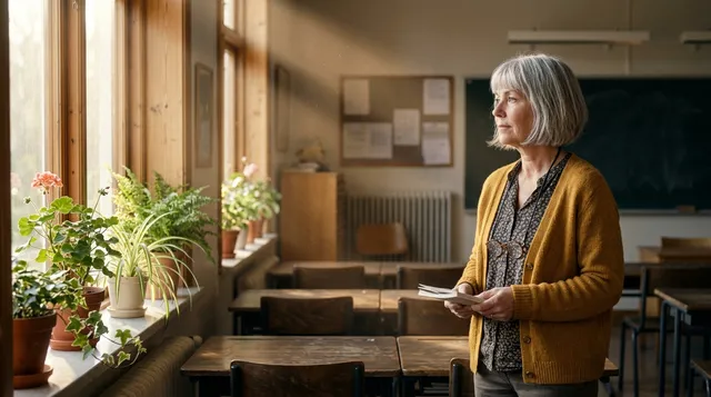 En påhittad lärare i ett solbelyst klassrum.